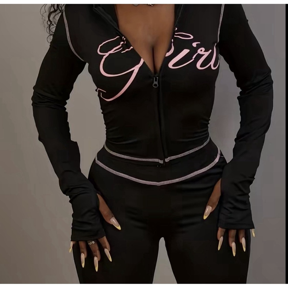 Y2K‎ Girl Script Two Piece Set Black Zip Crop Top Flare Pants Outfit
